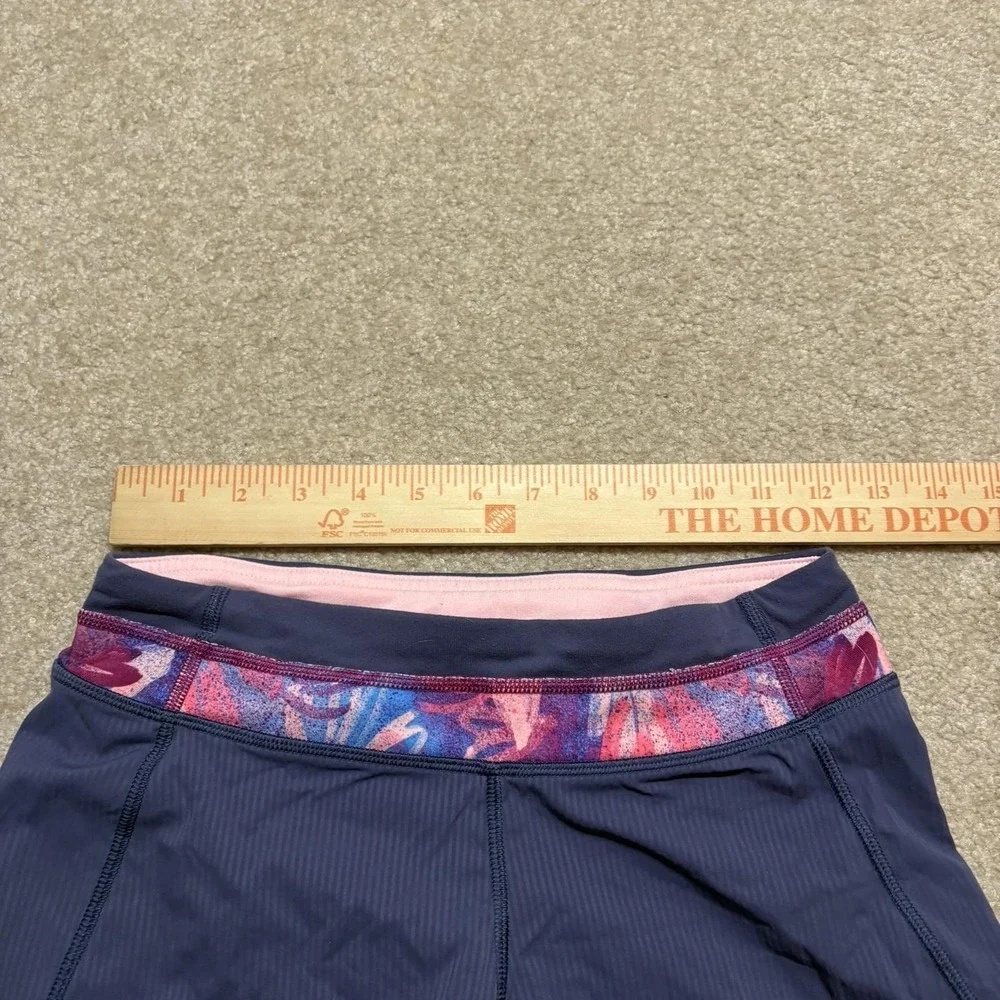 Ivivva Running Shorts Girls‎ 12 Blue Striped Floral Waistband Lined Gym Athletic